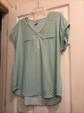 Polly & Esther Mint Green Polka Dot Zip-Front Blouse